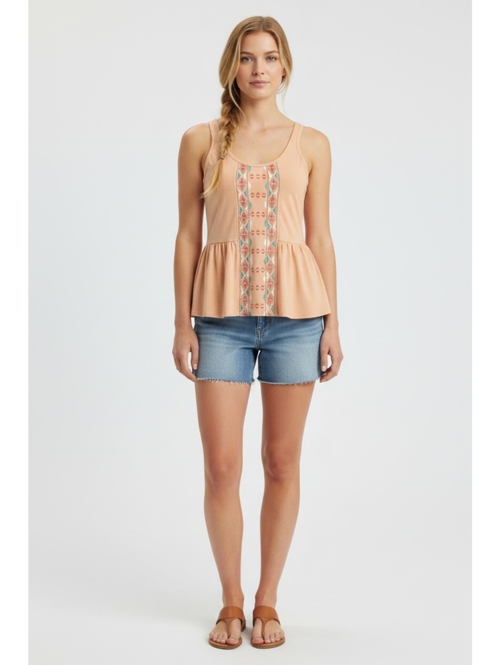 Living Doll Peach Peplum Tank Top Aztec Embroidered Boho Flared Sleeveless S